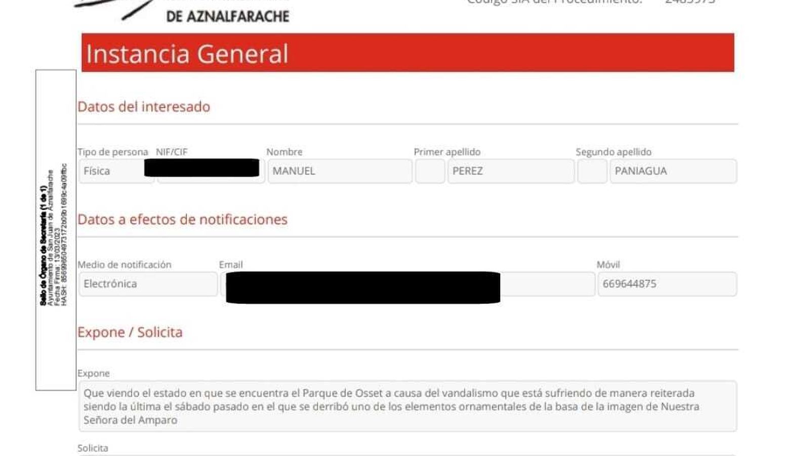 Registro solicitando el cierre del parque al Ayuntamiento