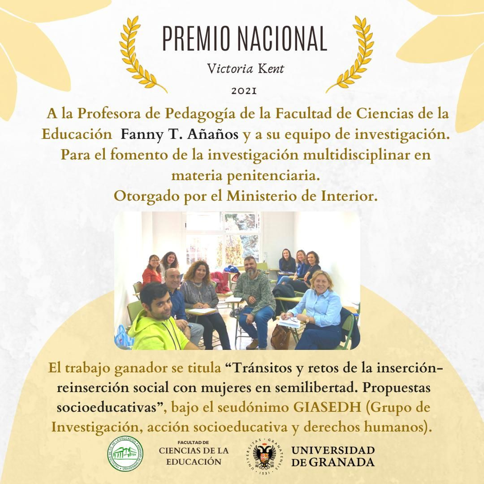 La profesora de la Universidad de Granada Fanny T. Añaños y su equipo ganan el Premio Nacional Victoria Kent 2021 para el fomento de la investigación en materia penitenciaria