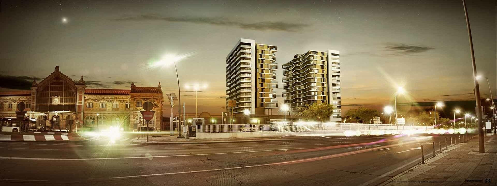 Diseño creado por Suncrest con la antigua estación a la izquierda.