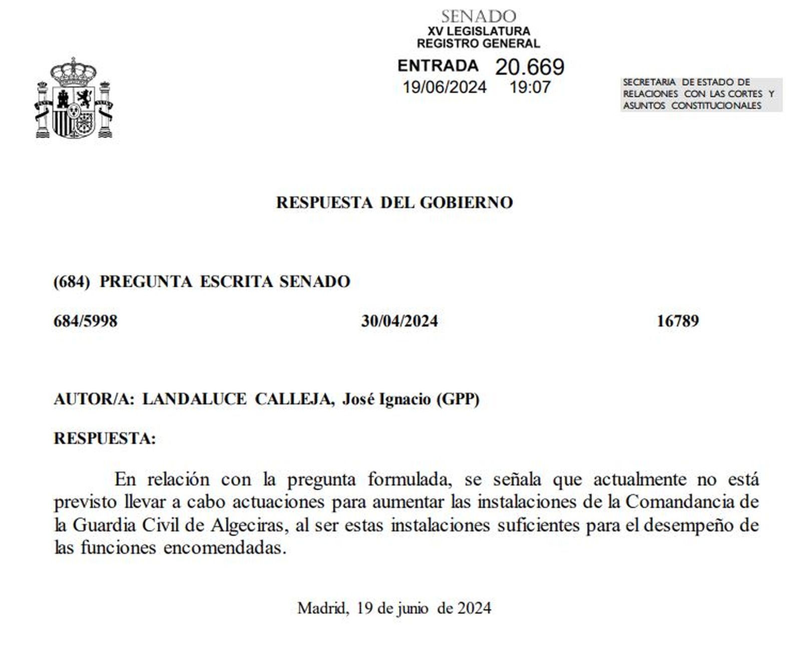 Respuesta del Gobierno a Landaluce.