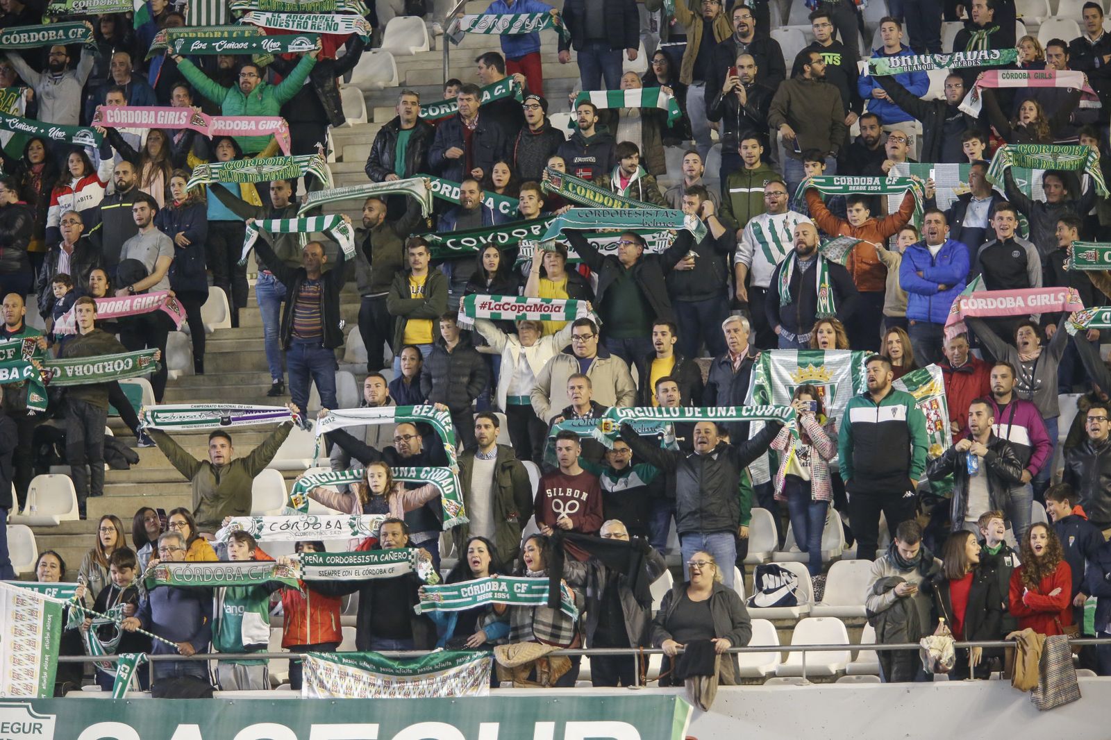 Aficionados blanquiverdes muestran sus bufandas durante el último partido en El Arcángel.