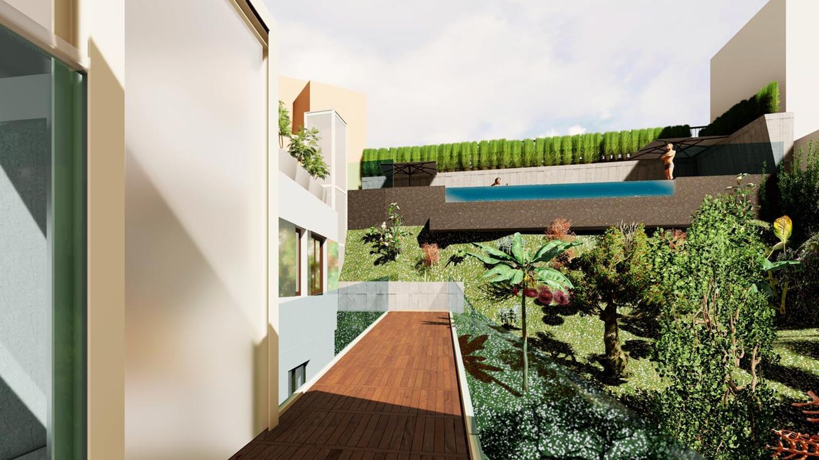 Infografía de la piscina y el solárium vistas desde el edificio.