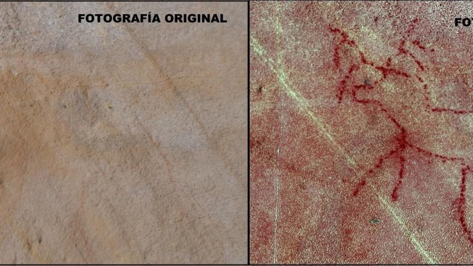 Fotografía original (izquierda) junto a la misma imagen tras aplicársele el tratamiento digital.Se aprecia el dibujo del zoomorfo de grafía extraña. Fotografía original (izquierda) junto a la misma imagen tras aplicársele el tratamiento digital.Se aprecia el dibujo del zoomorfo de grafía extraña.