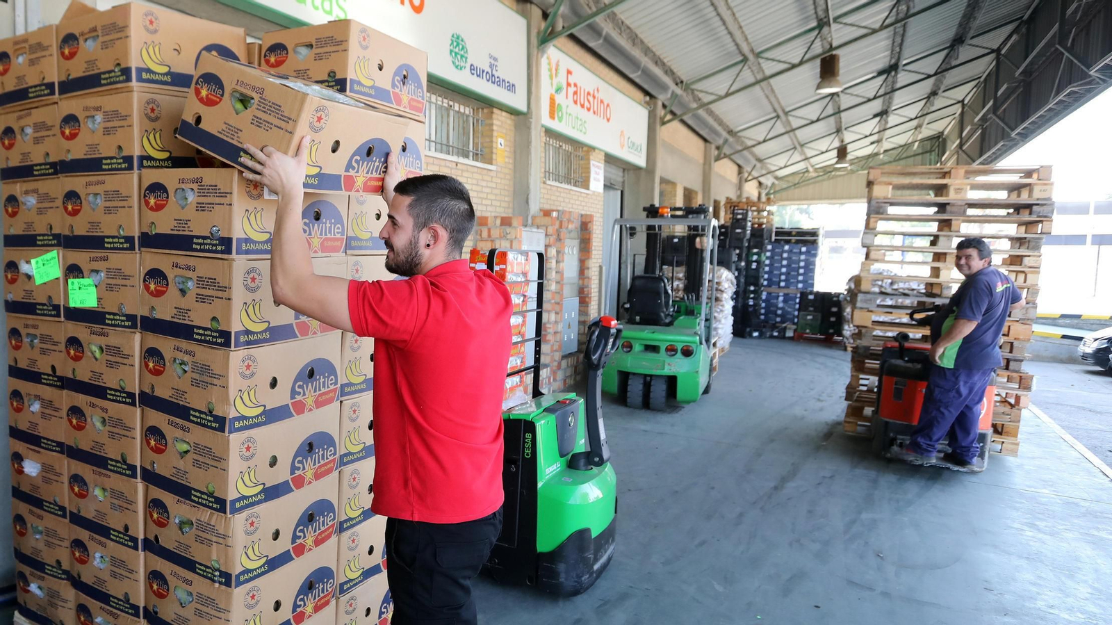 Un trabajador apila cajas de fruta en las instalaciones de Mercajerez. Un trabajador apila cajas de fruta en las instalaciones de Mercajerez.