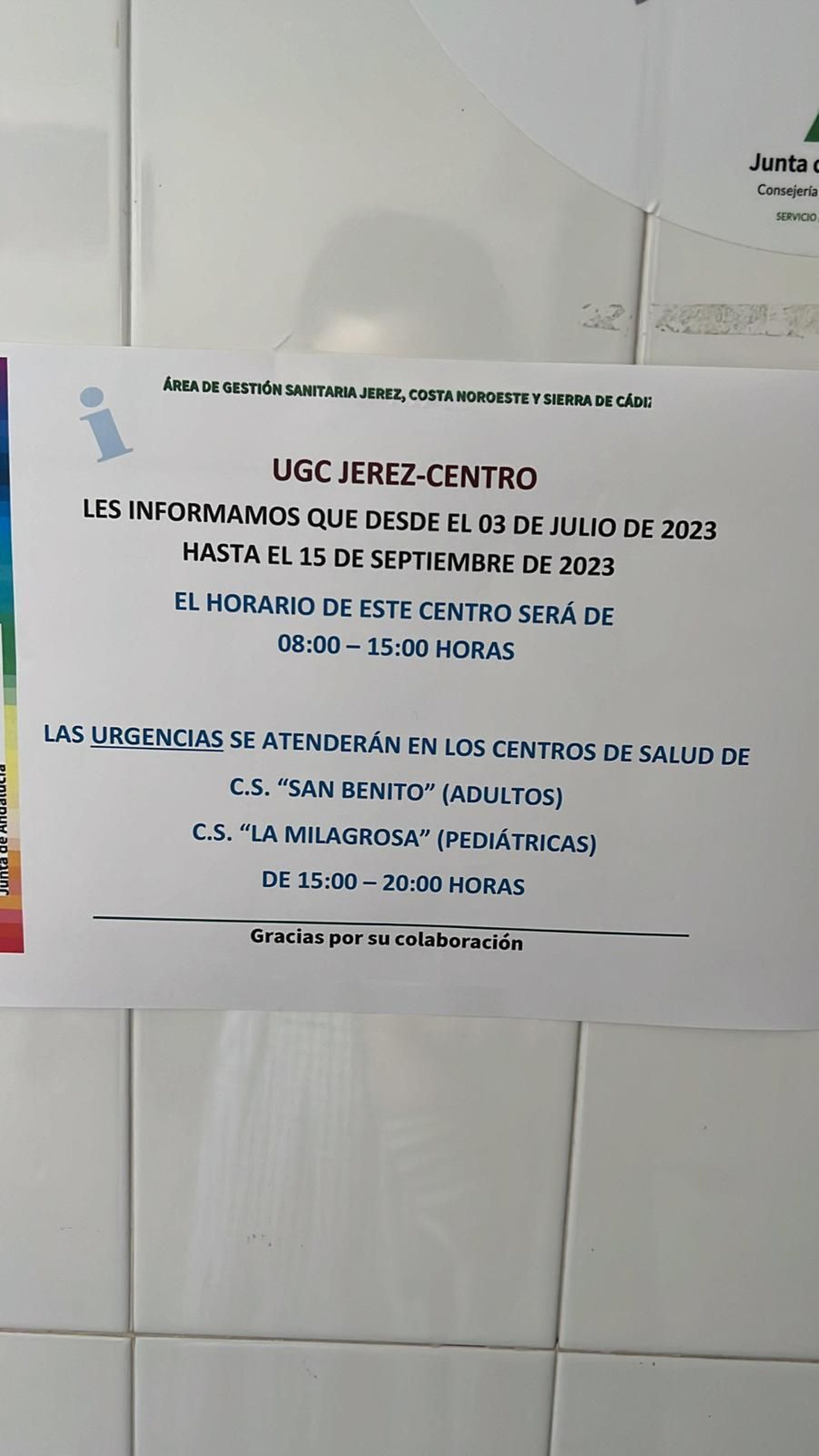 Cartel colocado en el centro de salud Jerez Centro.