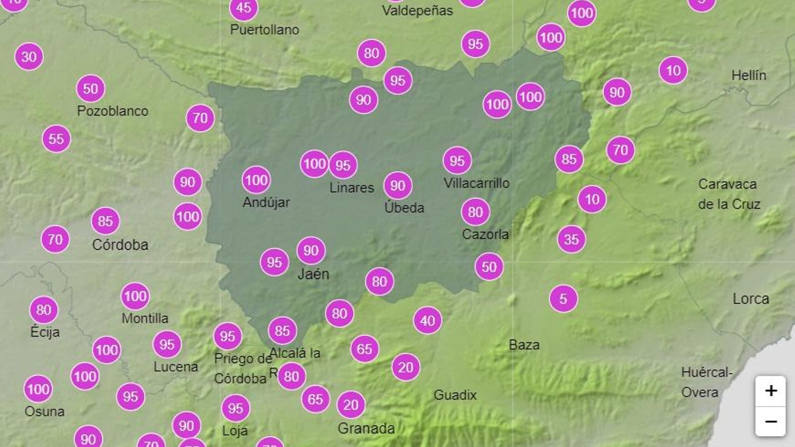 Probabilidad de lluvias para la provincia de Jaén.