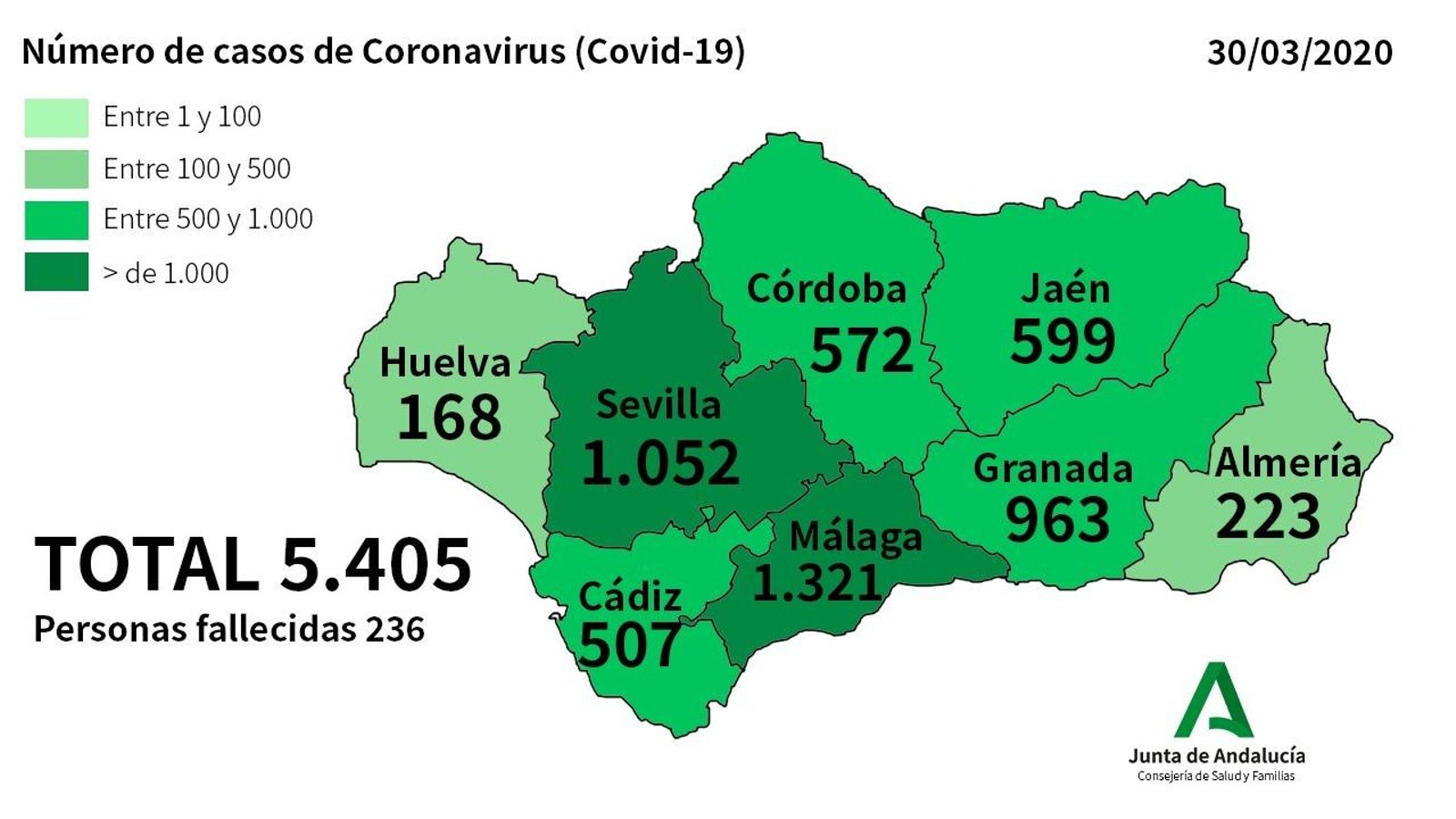 Mapa andaluz con la evolución de los contagios