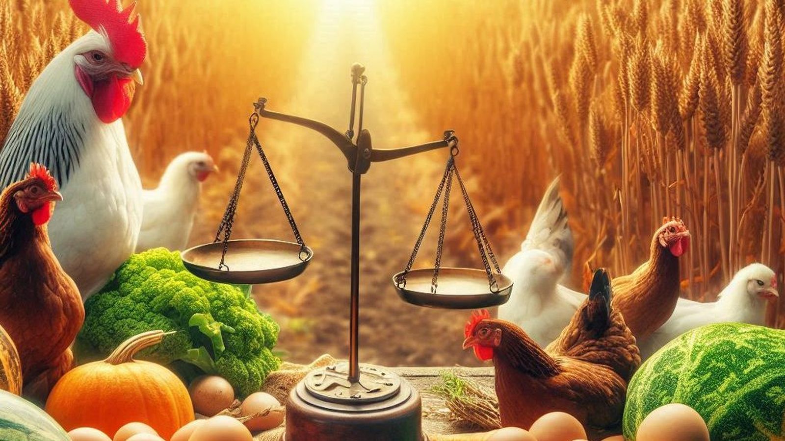 Una imagen de un terreno agrícola, pollos y gallinas.