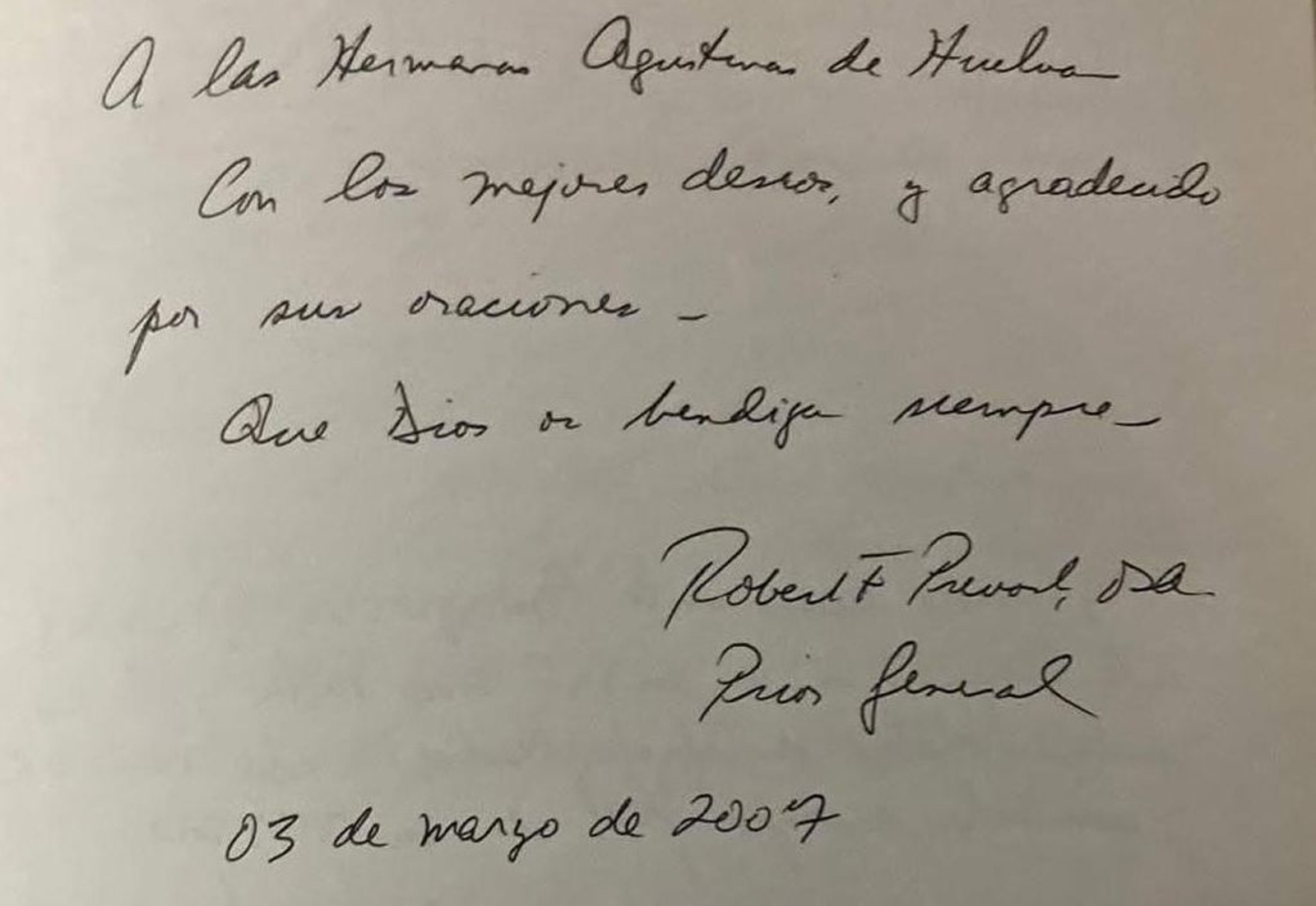 La dedicatoria al completo del nuevo Papa a las Hermanas Agustinas de Huelva.