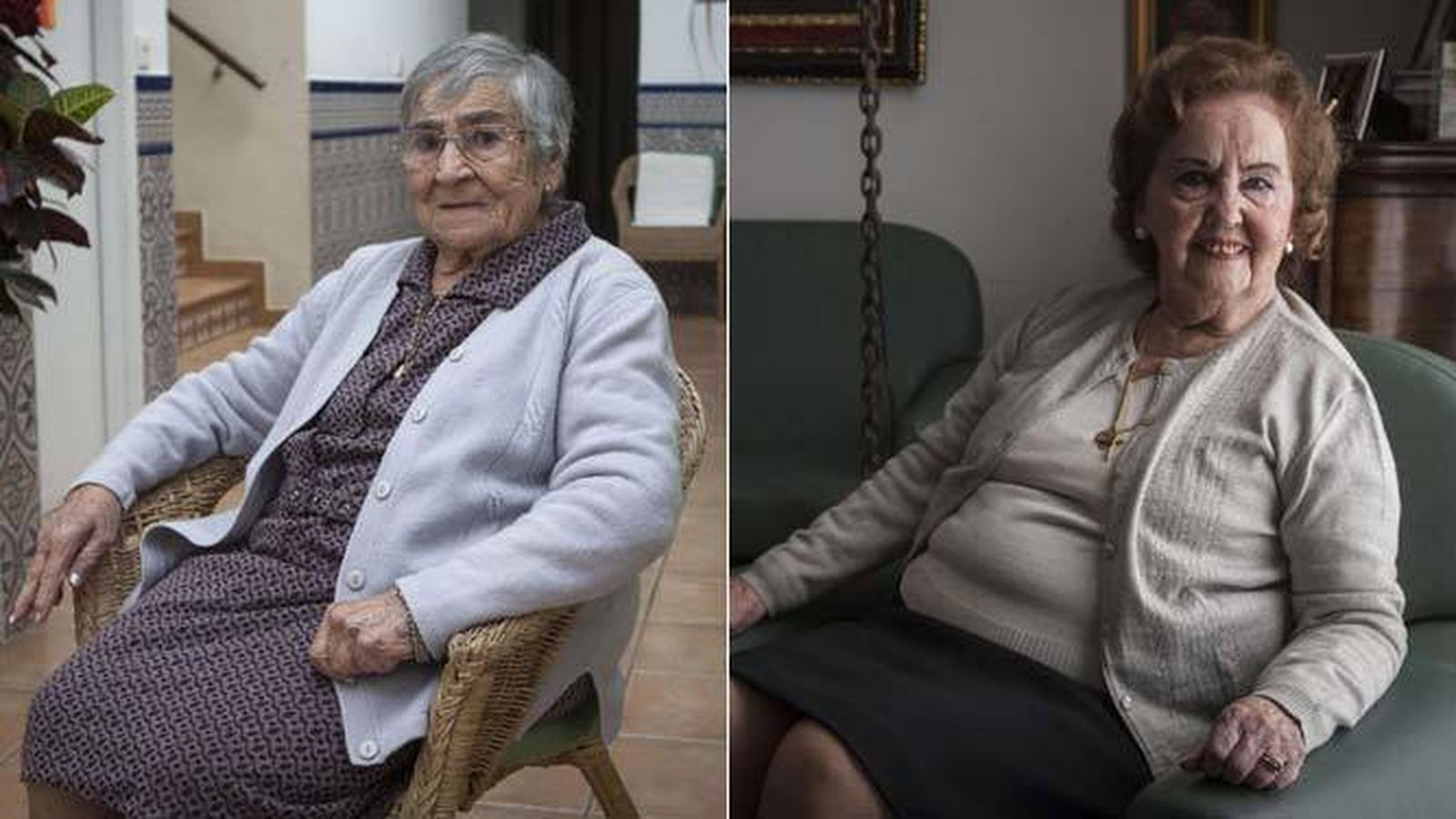 A la izquierda, María Vargas Balboa, fotografiada en el centro de mayores Virgen del Carmen. A la derecha, María Teresa de Benito, en el salón de su casa.