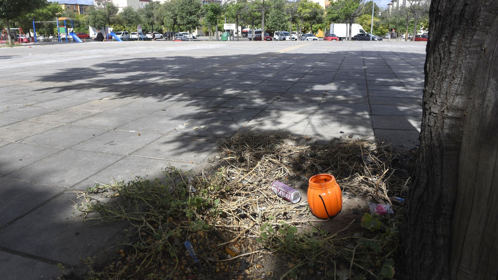 Residuos junto a los árboles de otra plaza en Tres Barrios-Amate, este jueves.