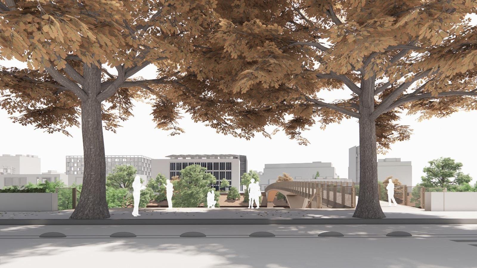 Recreación del puente para peatones, que contará con toldos de quita y pon en los meses de calor.