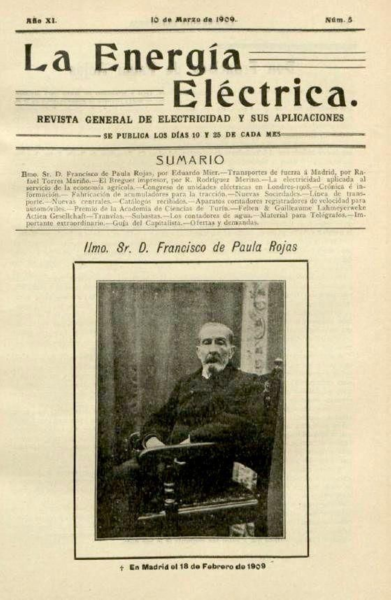 En la portada de la revista La energía eléctrica, 1909.