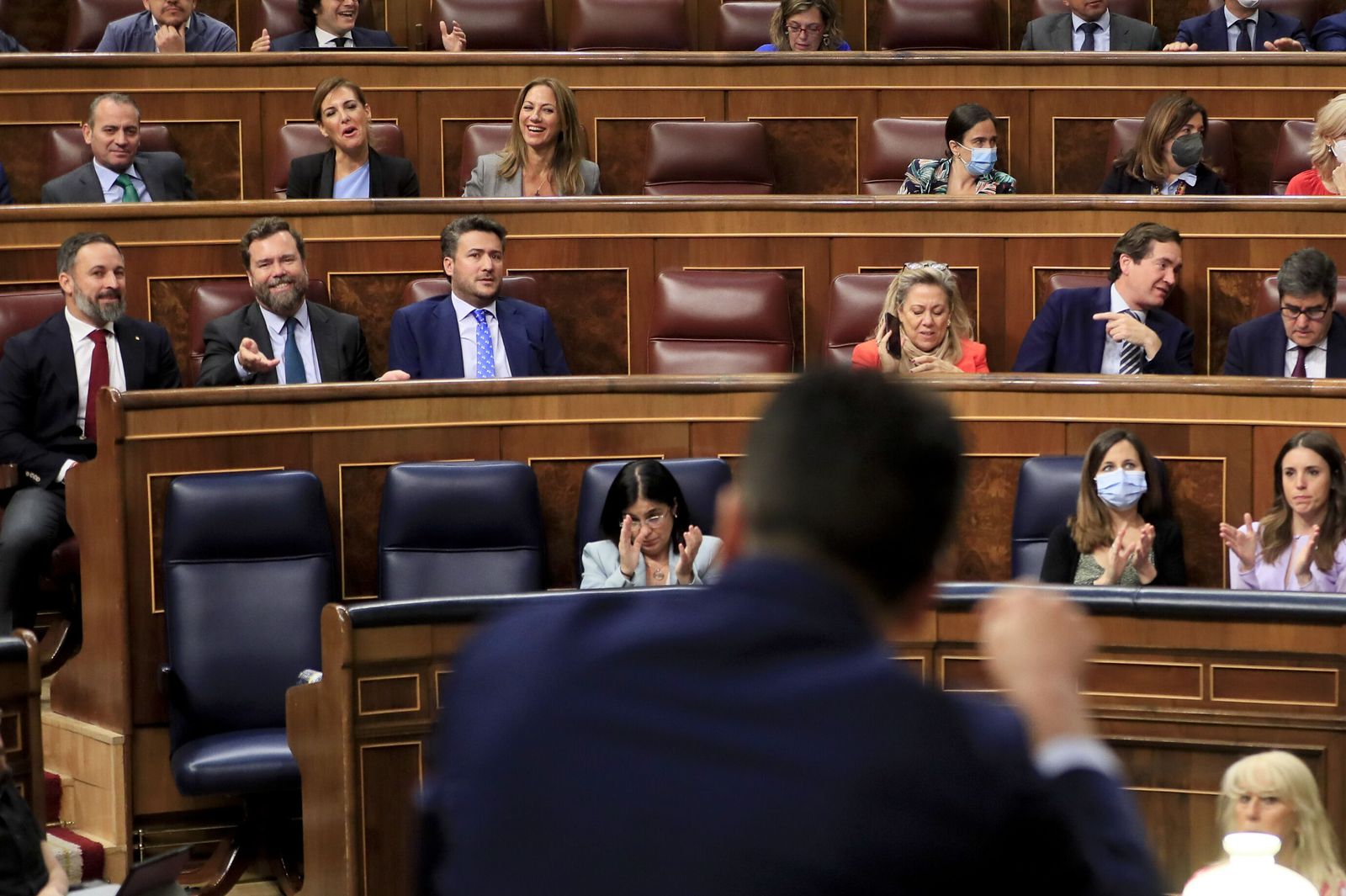 El líder de Vox, Santiago Abascal, y su portavoz parlamentario, Iván Espinosa de los Monteros, escuchan una intervención del portavoz del PSOE, Héctor Gómez, en el pleno del Congreso
