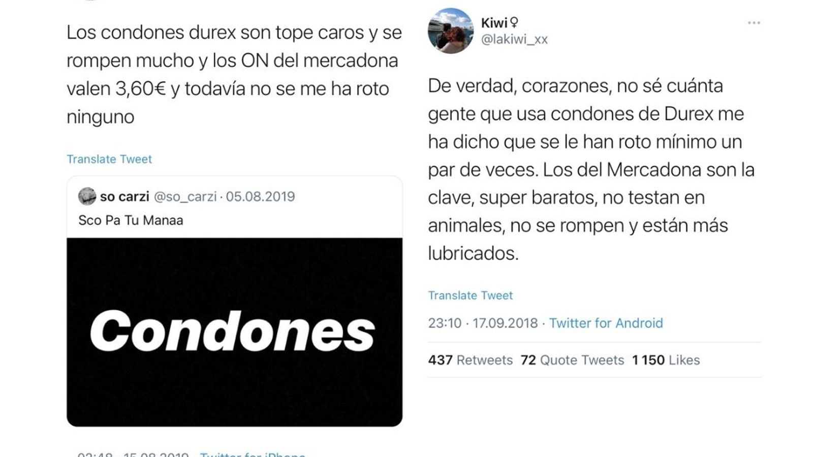 Tweets de usuarios sobre los preservativos ON.