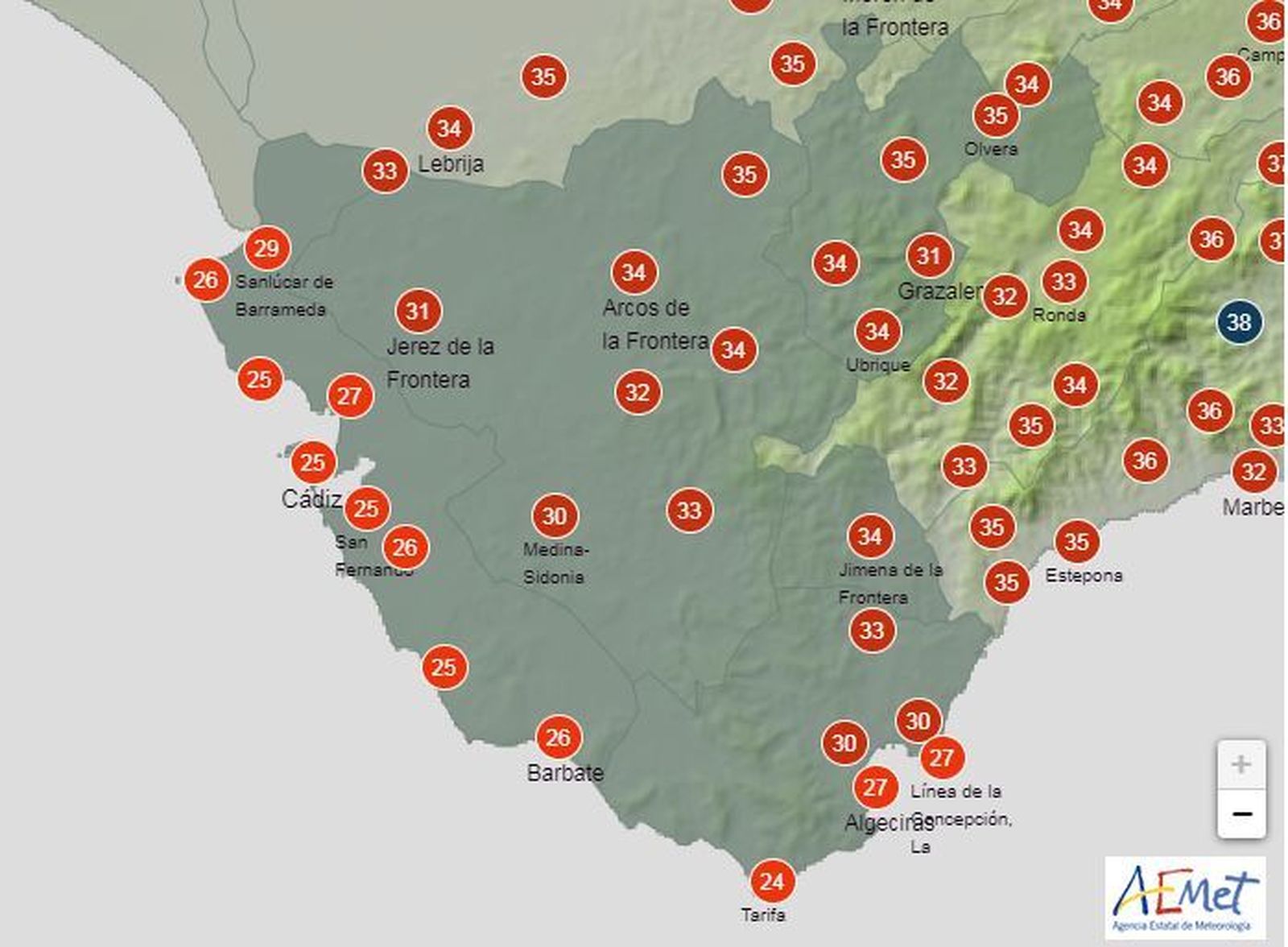 Las temperaturas máximas en la provincia de Cádiz.