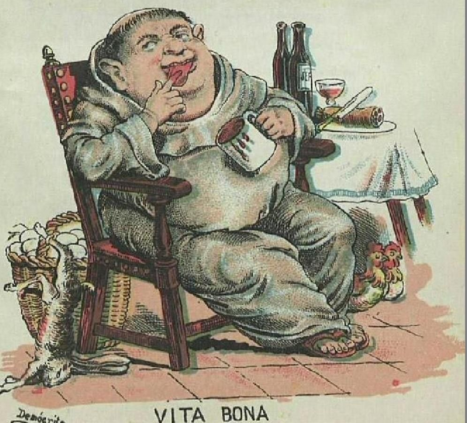 Dibujo satírico de un fraile (bebedor de jerez) en 'El buñuelo', 1881.