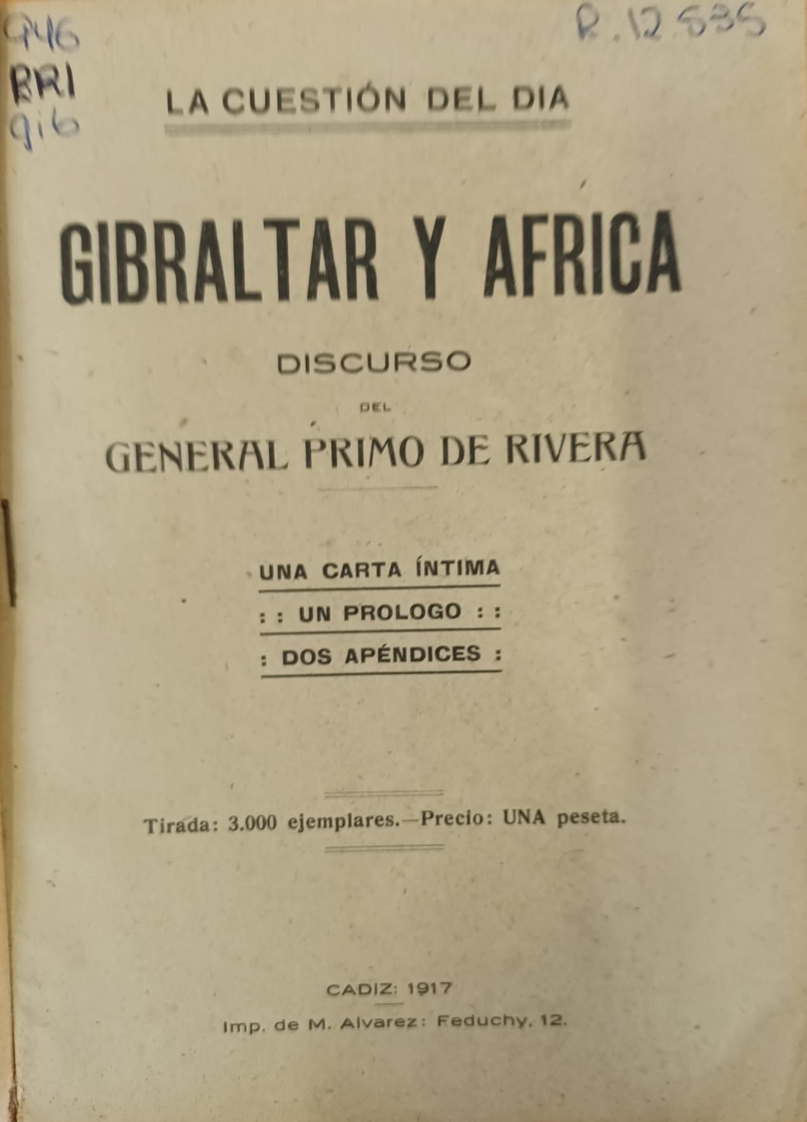 Portada del folleto impreso en Cádiz con el discurso de Primo de Rivera.