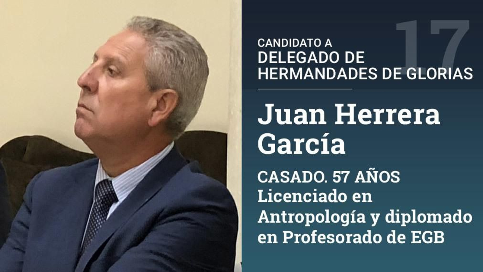 Es profesor de primaria y secundaria. Fue hermano mayor de la Virgen de la Cabeza.