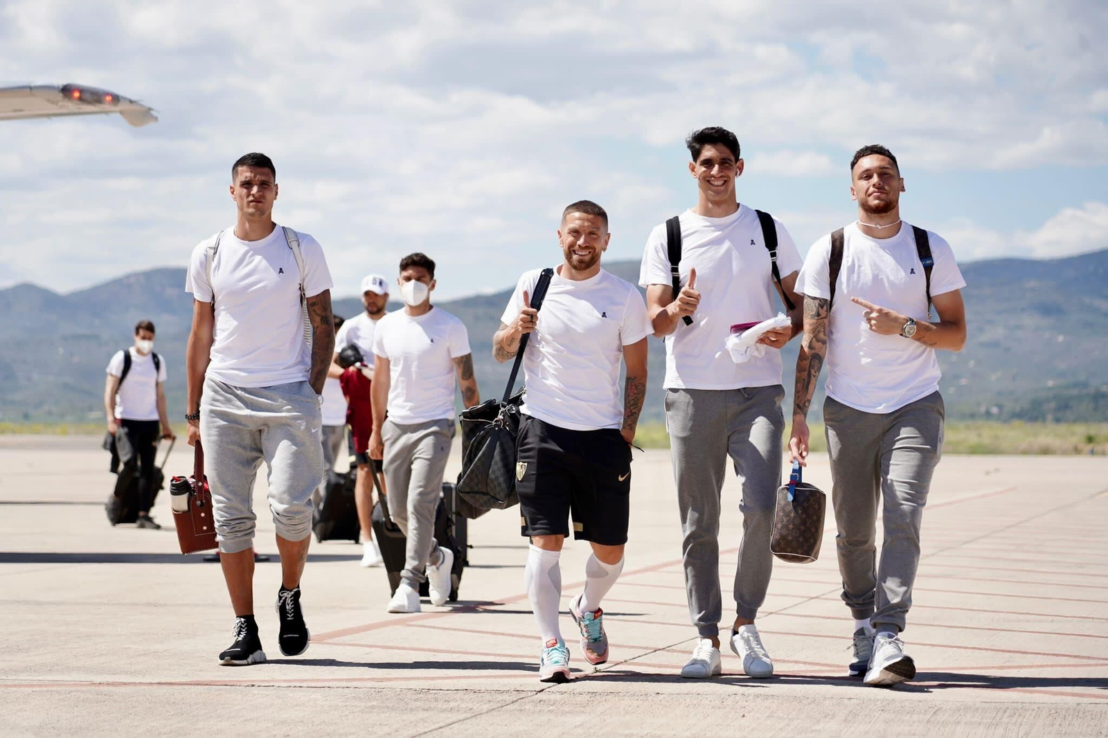 Lamela, Papu Gómez, Bono y Ocampos, ya en tierras castellonenses.