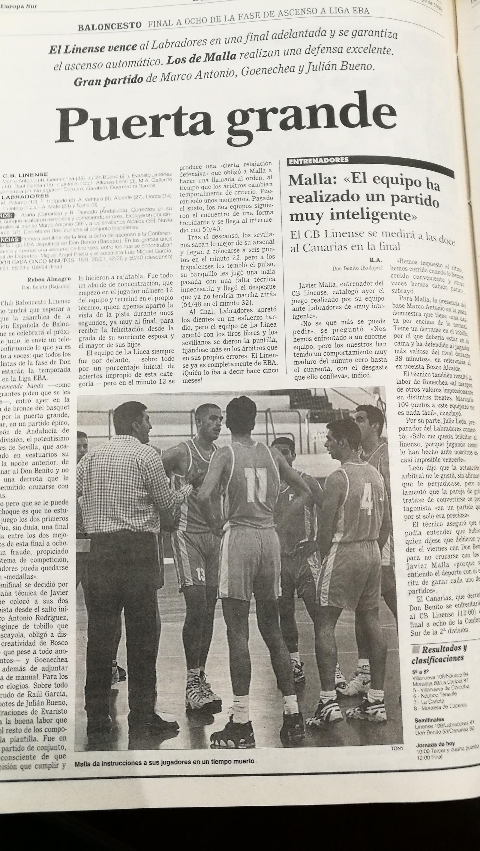 Reproducción de la página de 'Europa Sur' que narraba el ascenso del CBL.