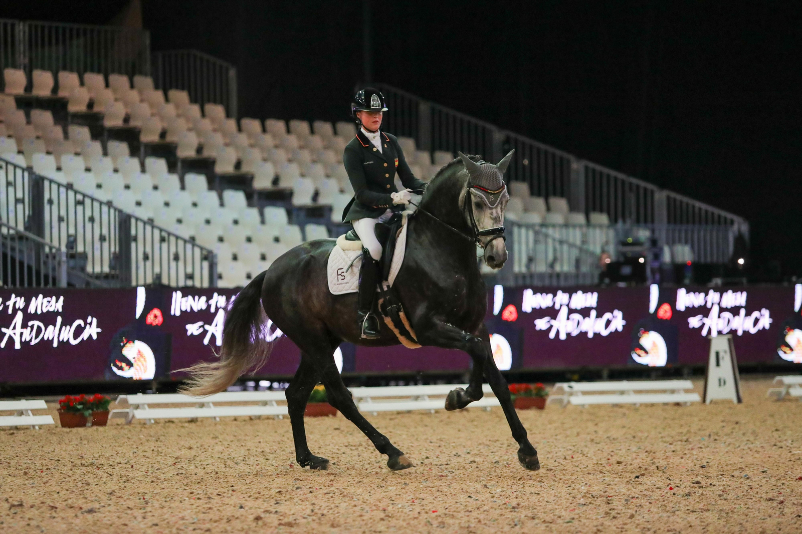 Una jinete montada a caballo durante una exhibición