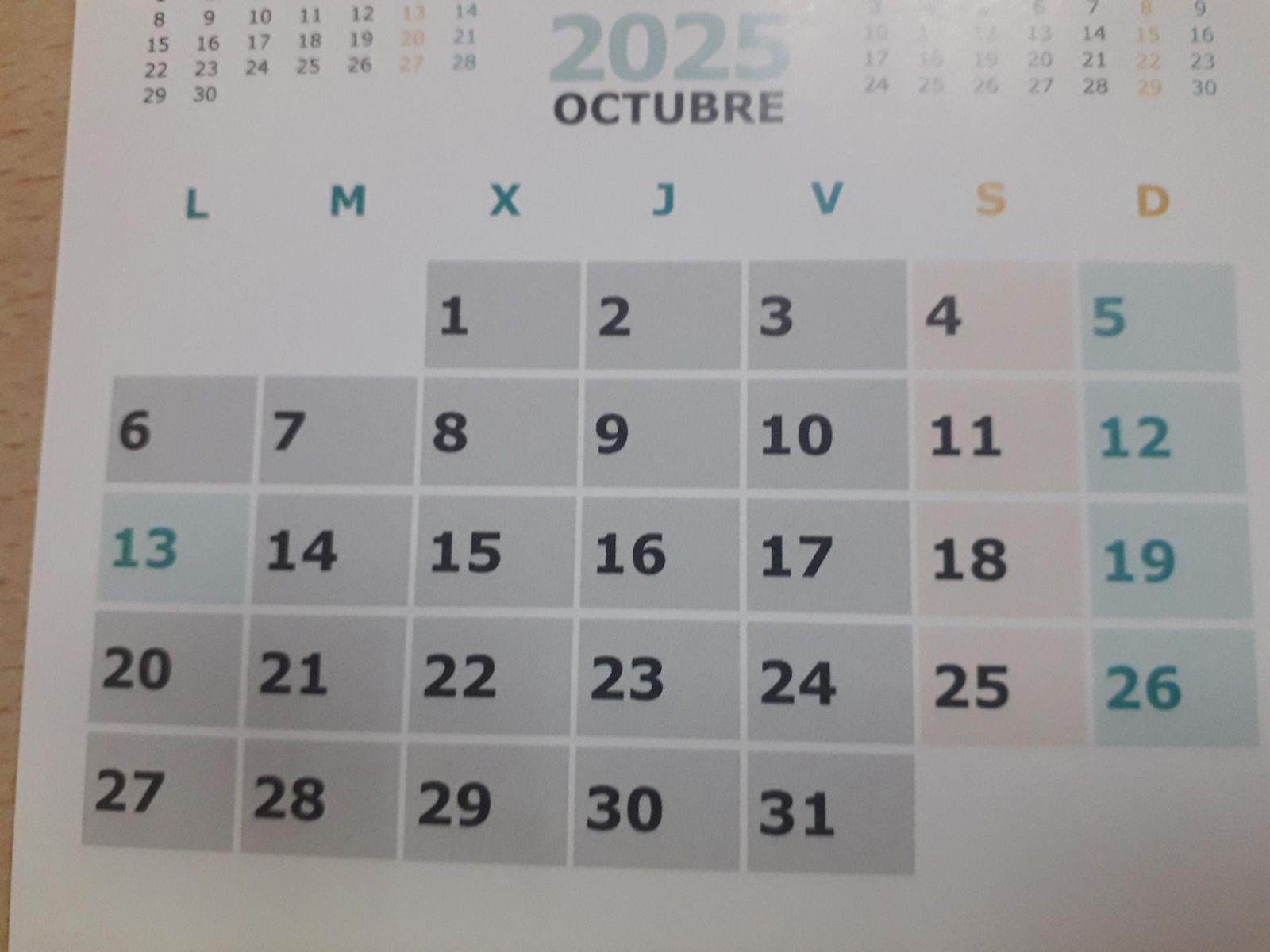 Calendario del mes de octubre de 2025.