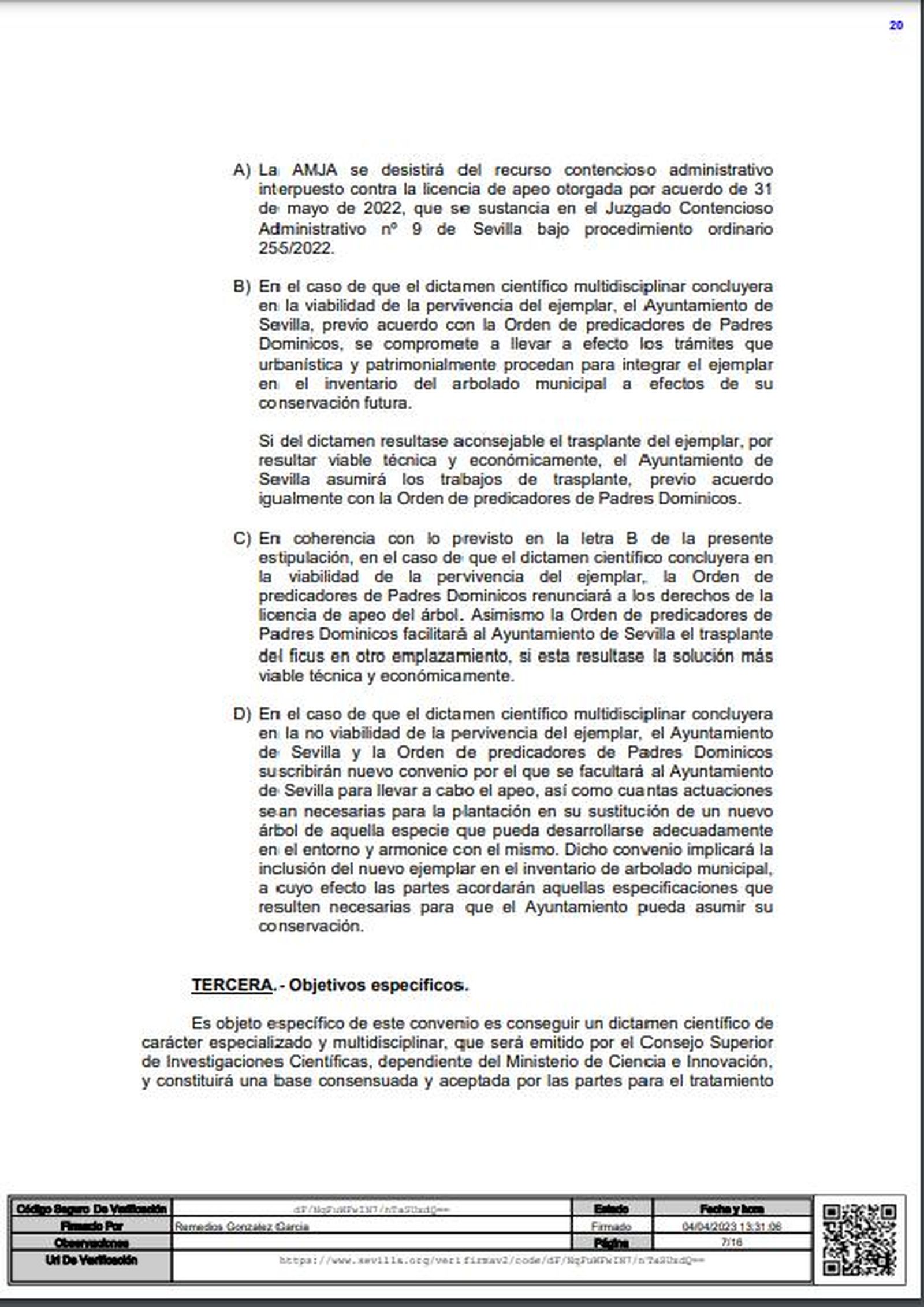 Obligaciones de las partes estipuladas en el convenio del ficus.