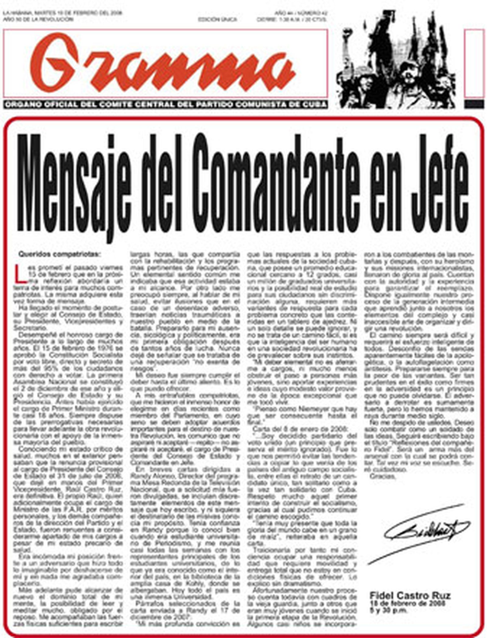 Carta de Fidel Castro en la que anuncia su retirada