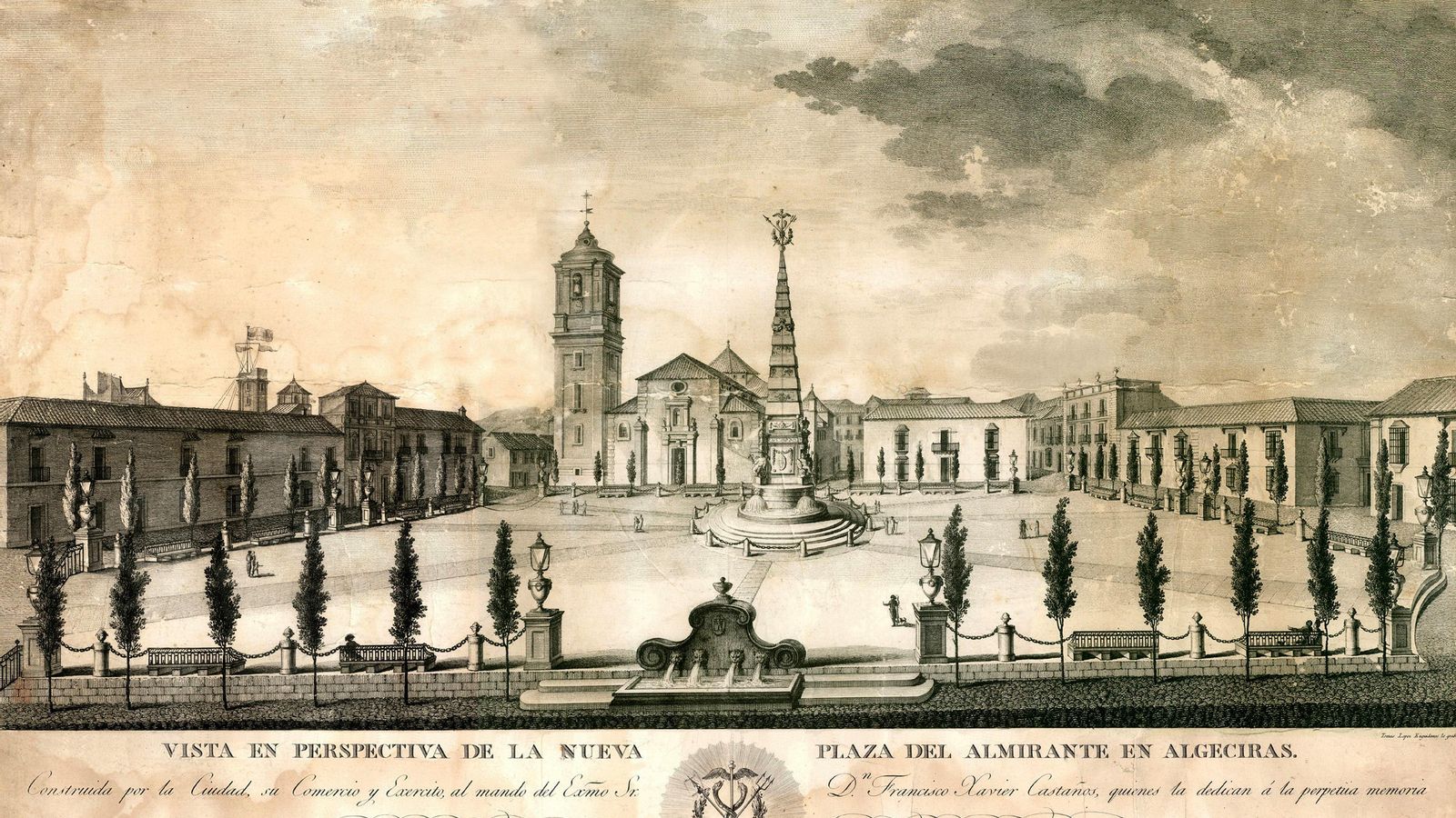 Grabado de 1807 realizado por Tomás López de Enguidanos con el proyecto de urbanización de la Plaza Alta promovido por el General Castaños y llevado a cabo por el coronel del cuerpo de artillería don Joaquín Dolz del Castellar