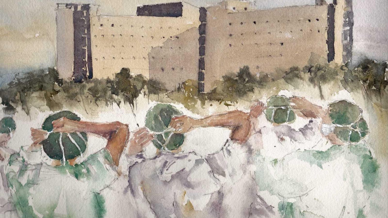 Primera acuarela que Rumí dedicó a los sanitarios con Torrecárdenas de fondo, pintada unas semanas antes que la que ha hecho de su hija y amigas.