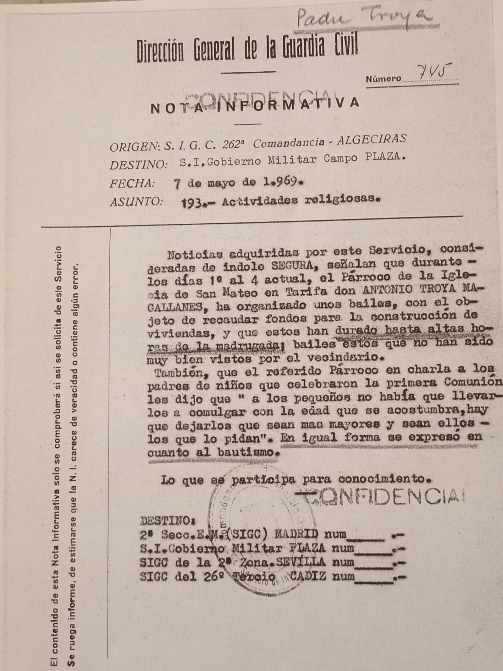 Informe confidencial de la Guardia Civil sobre Antonio Troya Magallanes.