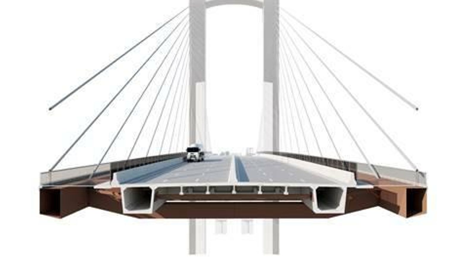 Detalle de la reforma de los tirantes que dejará espacio para un tablero con seis carriles.