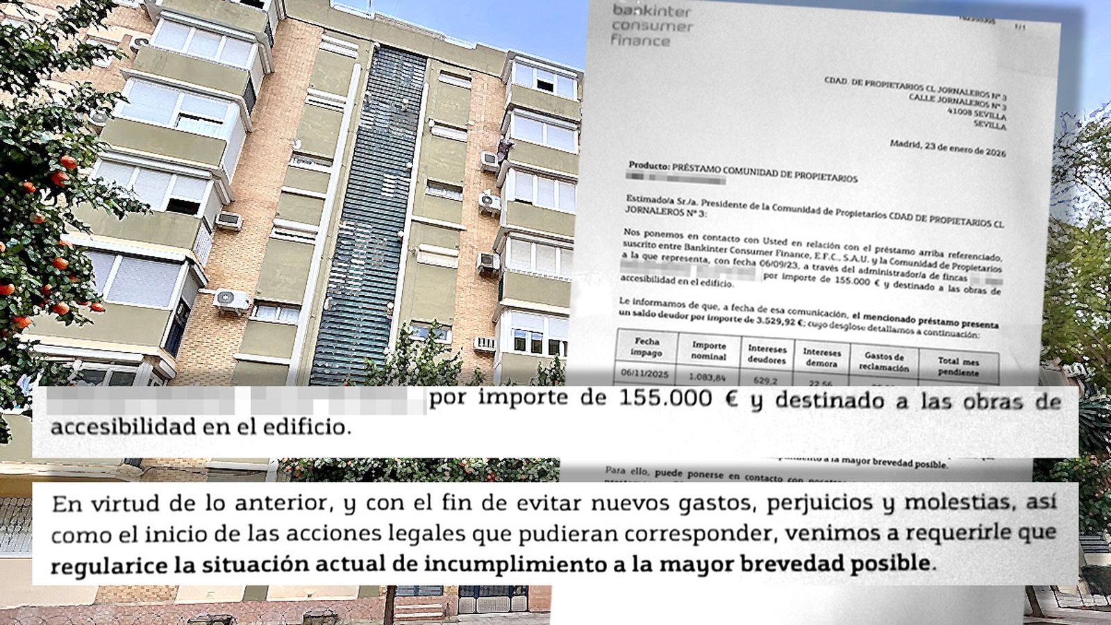 La carta recibida por los vecinos de la calle Jornaleros, sobre una fotografía de los bloques afectados en la calle Zurcidoras.
