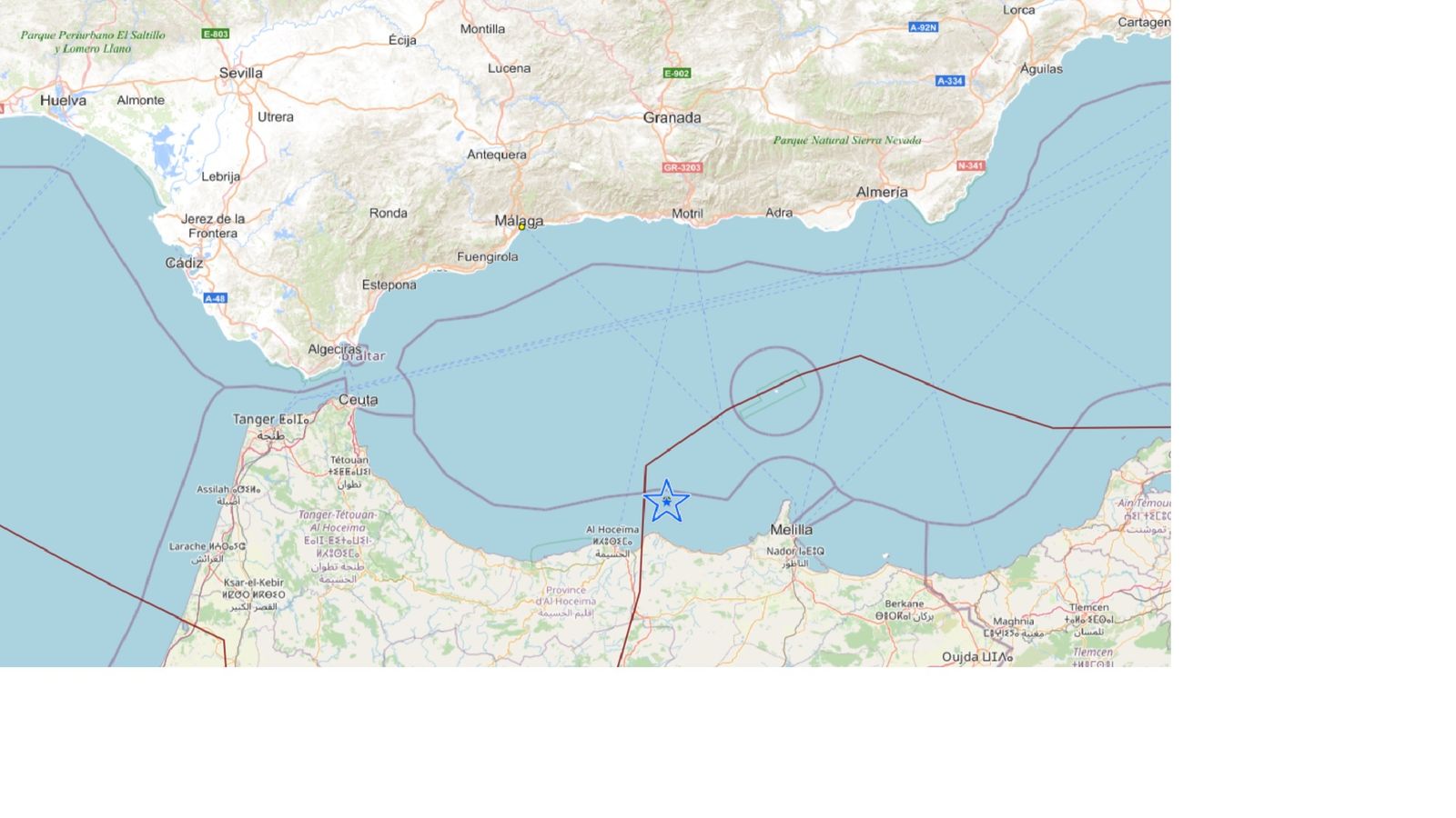 Punto del epicentro del seísmo marcado con una estrella.