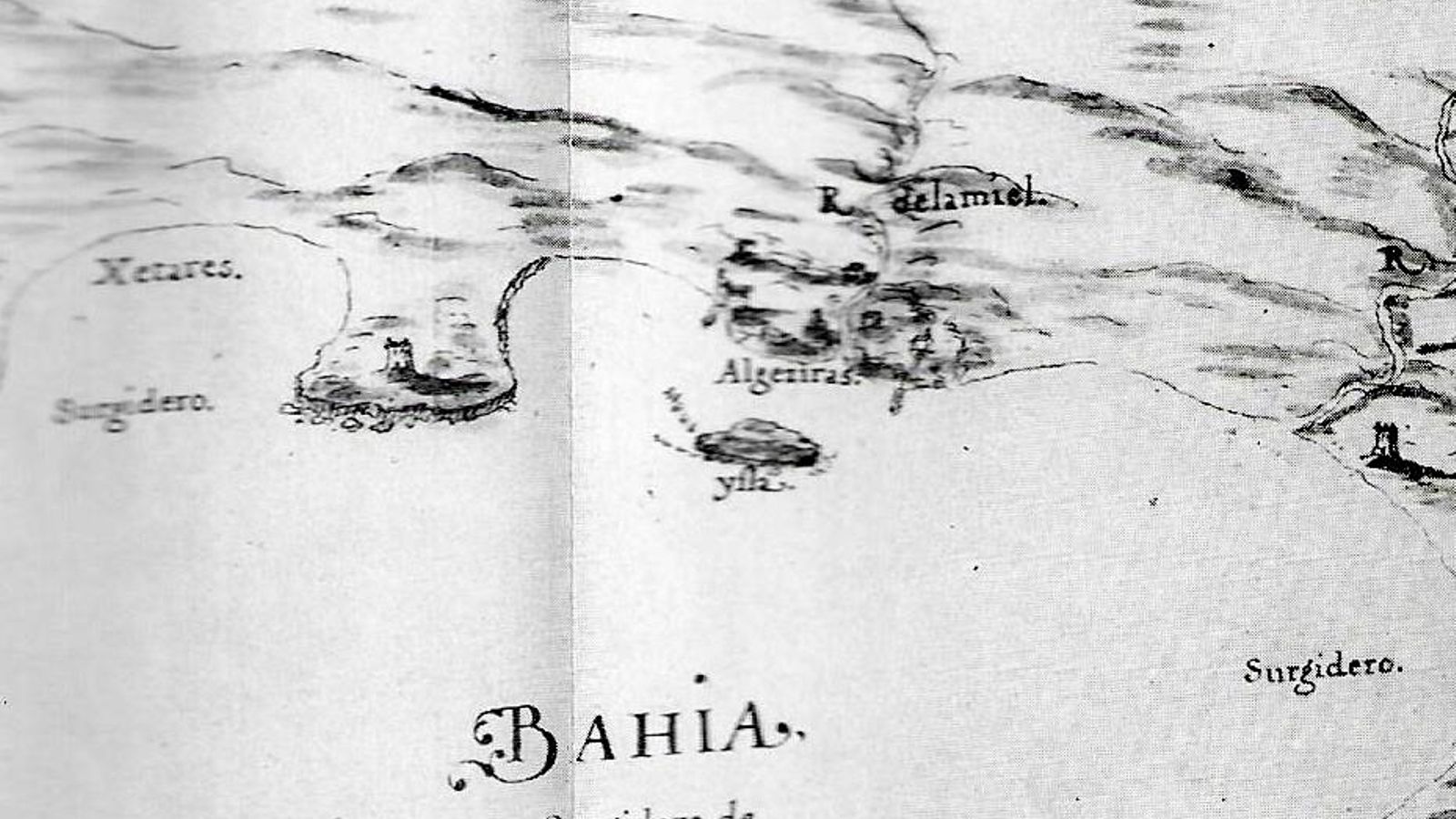 Mapa parcial de la Bahía trazado en el año 1627 por Luis Bravo de Acuña en el que aparecen las ruinas de Algeciras, las dos corachas marítimas y la Isla Verde.
