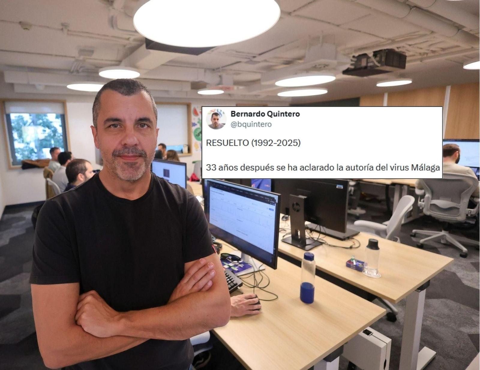 Bernardo Quintero, fundador de Virus Total,  junto al mensaje de la autoría de Virus Málaga.