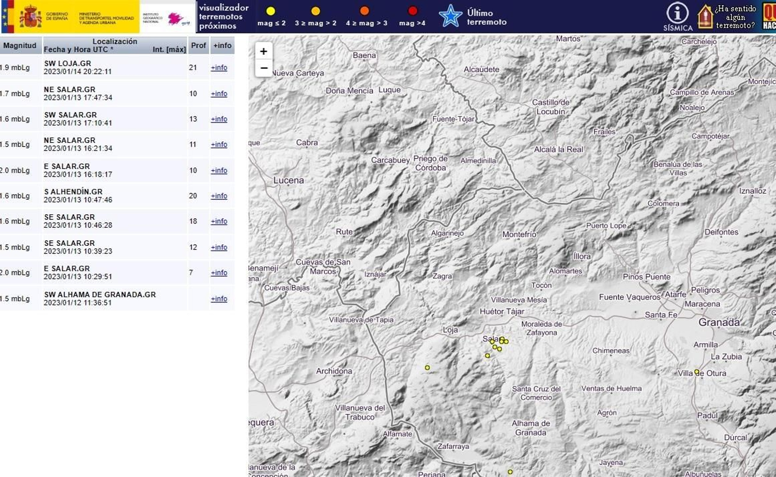 Mapa del IGN donde se señala dónde se han producido los pequeños terremotos.