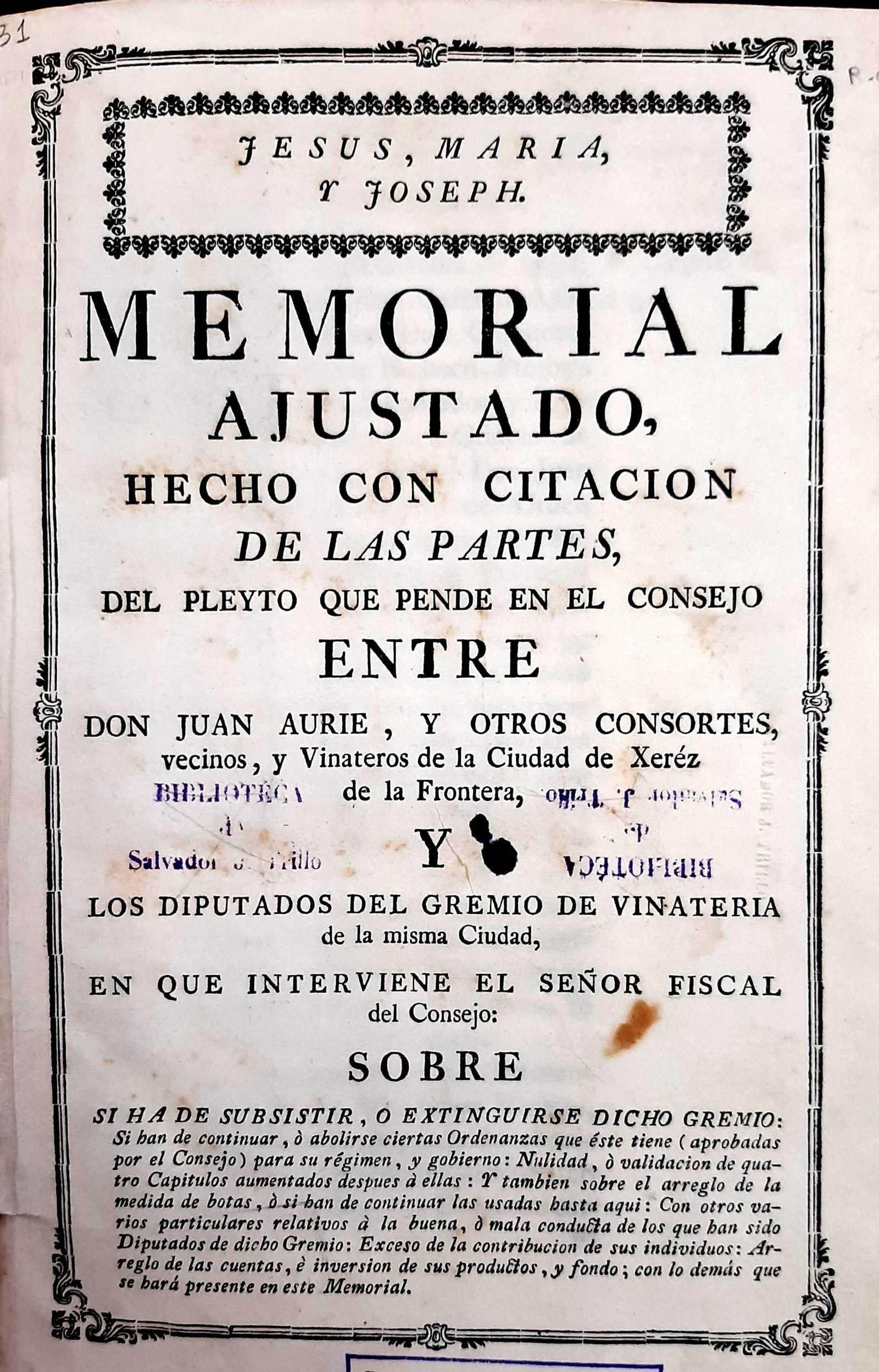 Valioso ejemplar del pleito de Juan Aurie y el gremio de la vinatería conservado por Soto Molina. Valioso ejemplar del pleito de Juan Aurie y el gremio de la vinatería conservado por Soto Molina.
