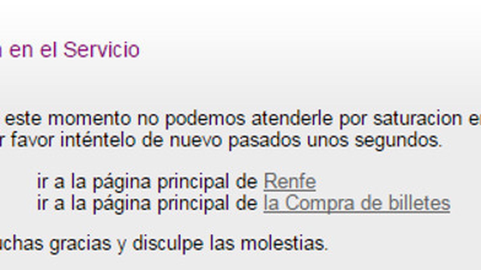 El mensaje de error que muestra la web de Renfe