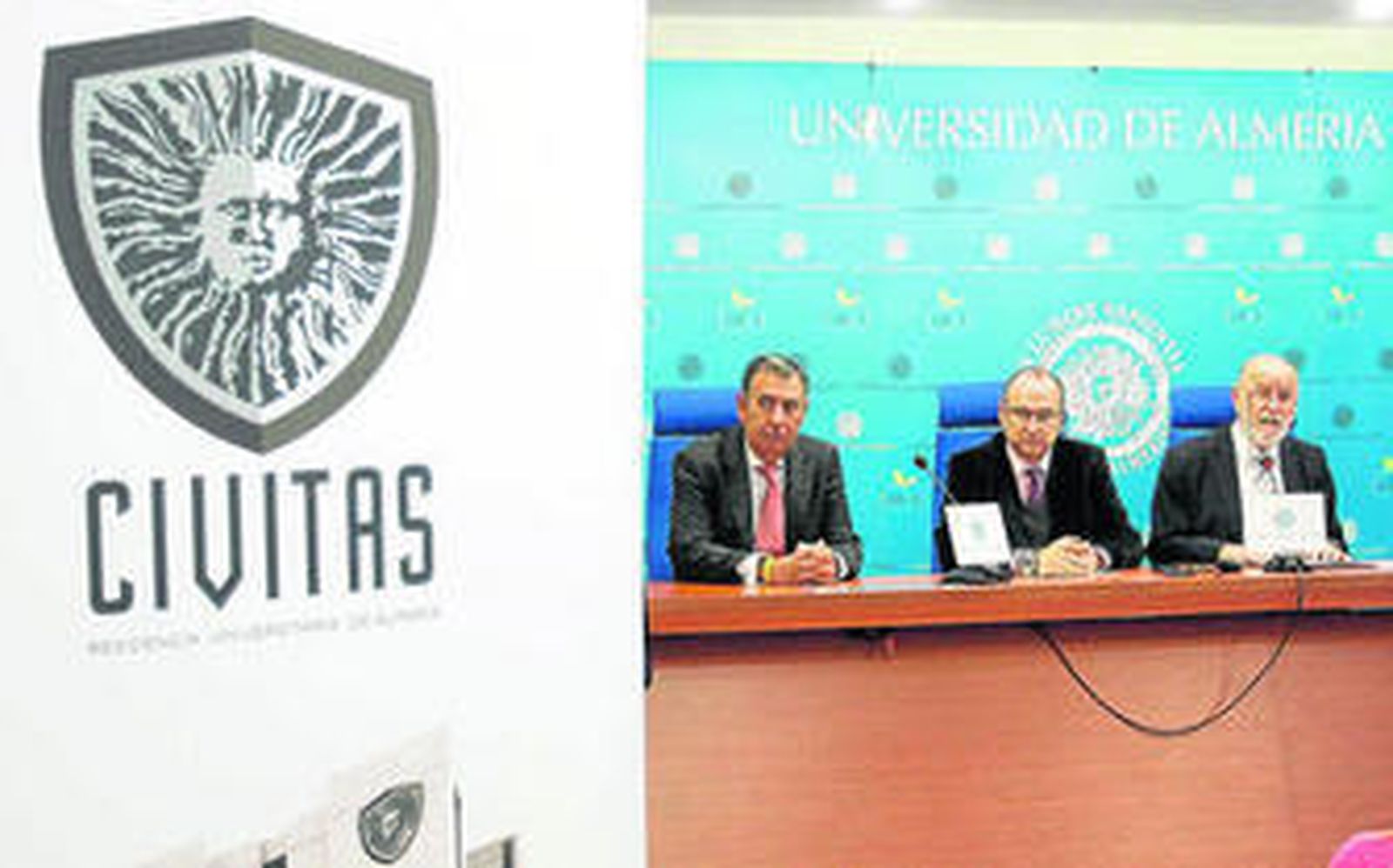 El logo y nombre de la futura residencia, en el panel de la izquierda, y al fondo el alcalde de la ciudad, Luis Rogelio, y el rector de la Universidad, Pedro Molina.
