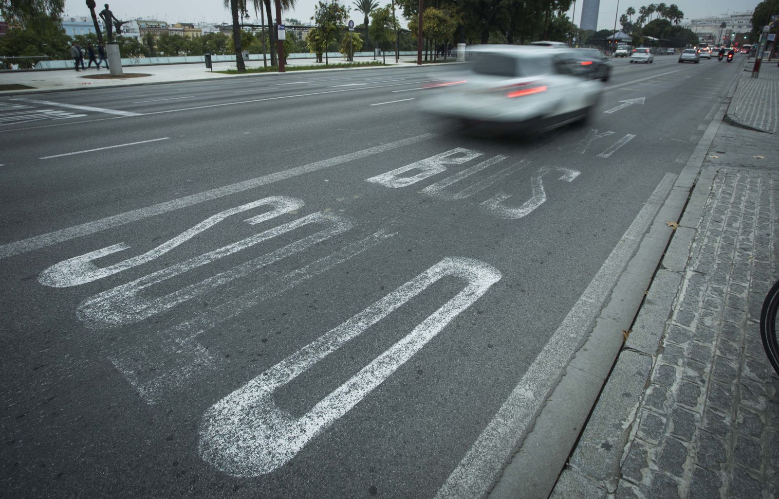 Carril bus del Paseo de Colón, cuya pintura ha perdido intensidad y apenas se ve.