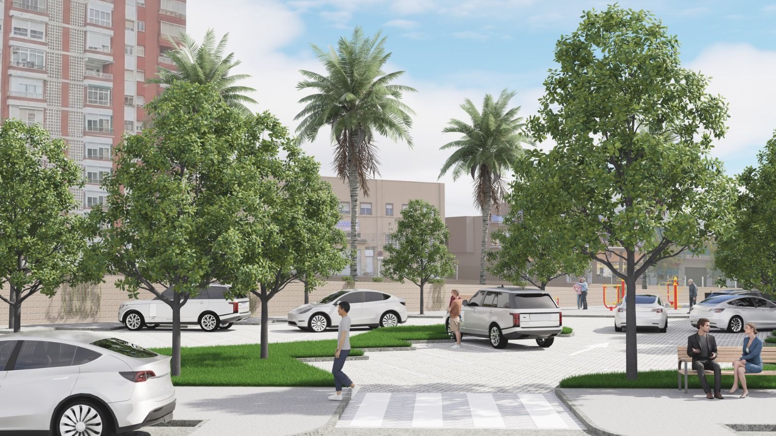 Recreación del aparcamiento y el parque en la avenida Ramón Puyol.