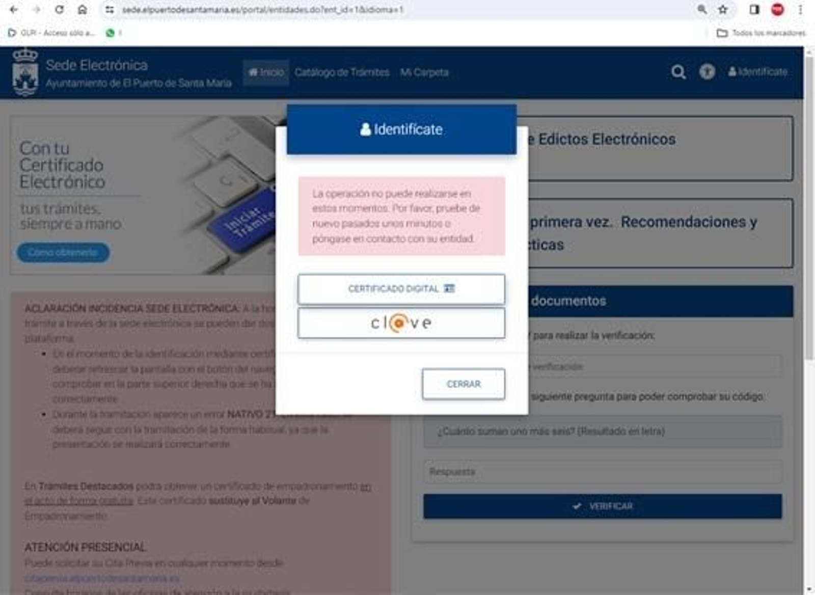 Uno de los fallos de la sede electrónica municipal en El Puerto.