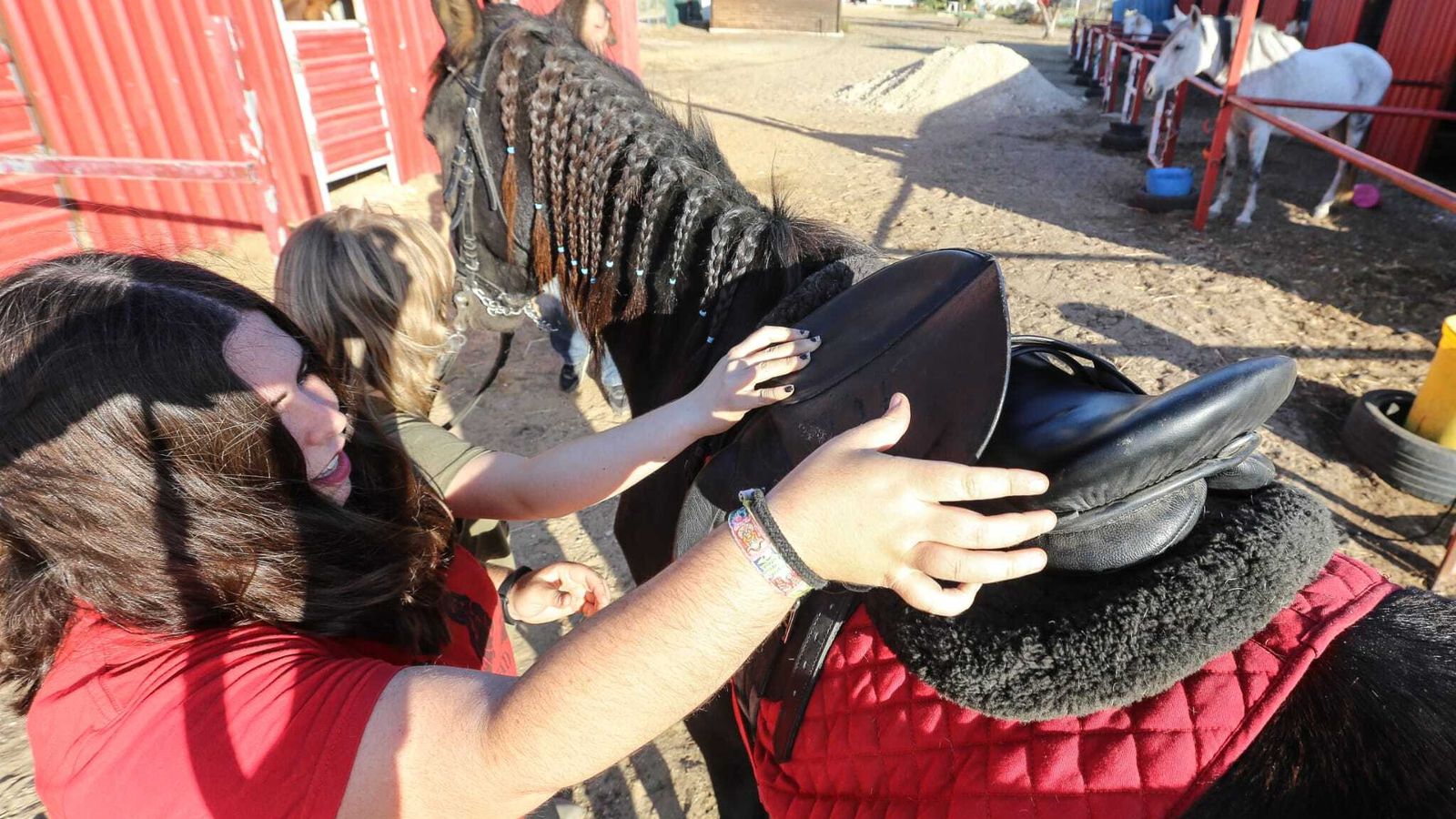 Dos chicas ensillan un caballo justo antes de empezar una clase de  equitación.
