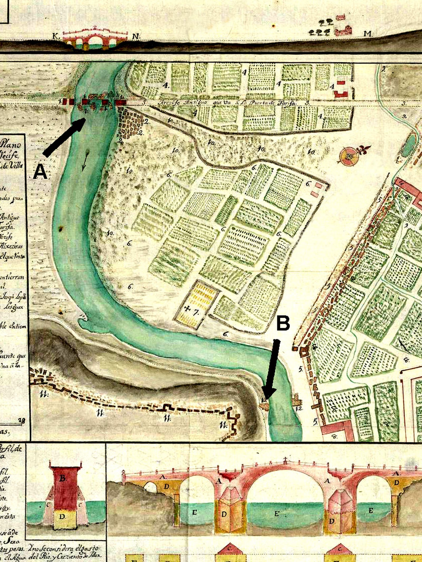Proyecto de 1736 para la reconstrucción del puente medieval situado en el lugar donde, en 1880, se edificó el puente del Matadero. Con la letra A, el citado puente. Con la letra B, las ruinas del puente medieval que se reconstruyó, con el nombre de puente del Cristo, entre 1819-20.