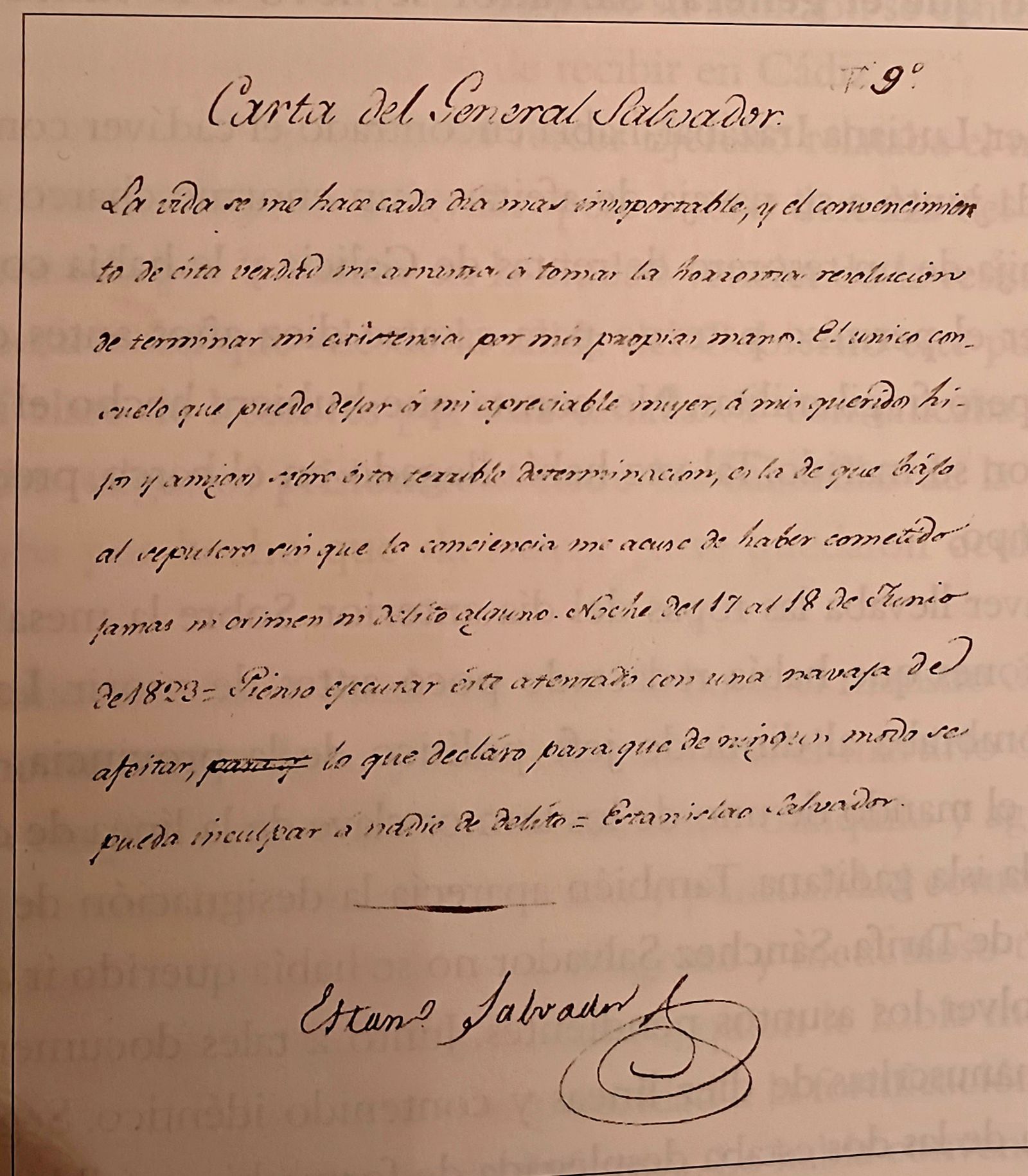 Copia de la nota que Sánchez Salvador escribió antes de quitarse la vida.