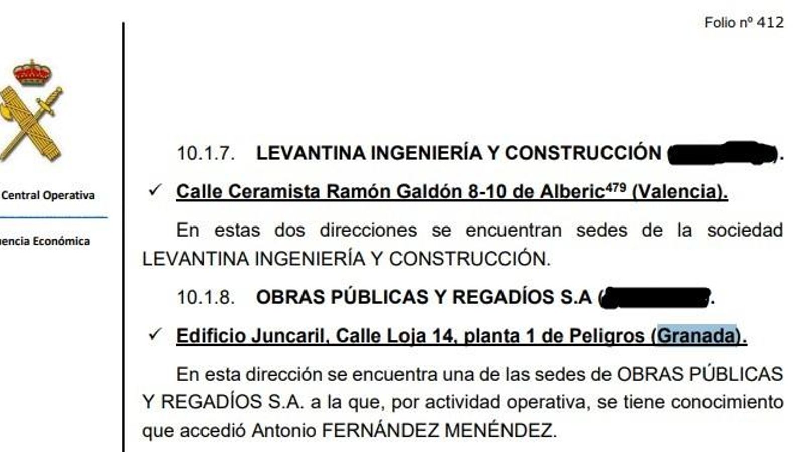 Fragmento del informe de la UCO que justifica los registros del pasado martes en Granada y Valencia, entre otros puntos de España Fragmento del informe de la UCO que justifica los registros del pasado martes en Granada y Valencia, entre otros puntos de España