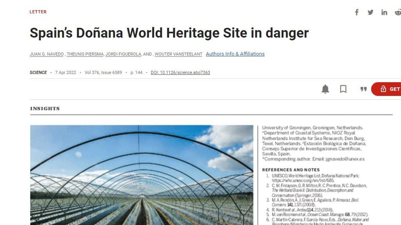 Captura de la carta publicada en la revista 'Science'.