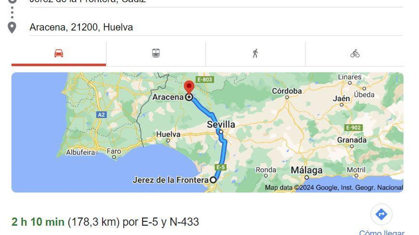 Distancia Jerez - Aracena